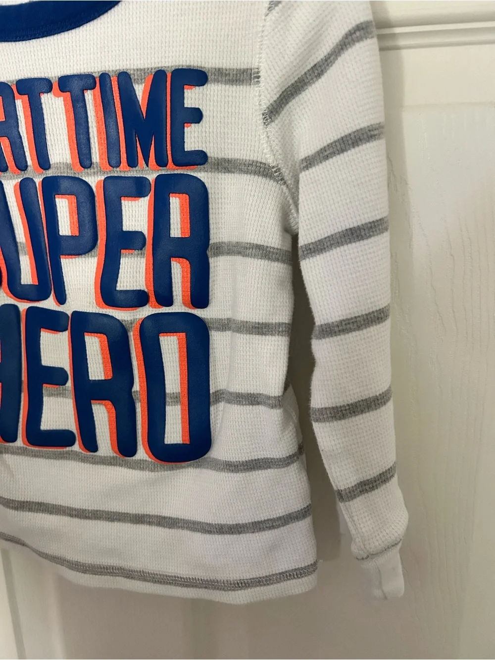 toddler Boys, OshKosh B'gosh, White & Gray Striped 'Super Hero' Long-Sleeve 3T